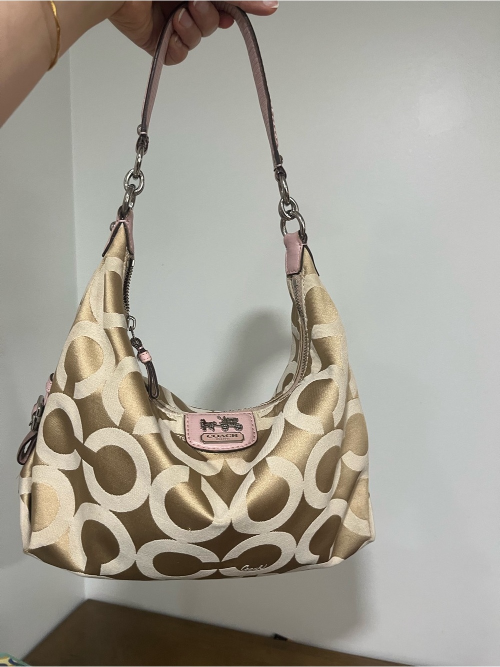 Coach Gold Signature Hobo with Pink Trim